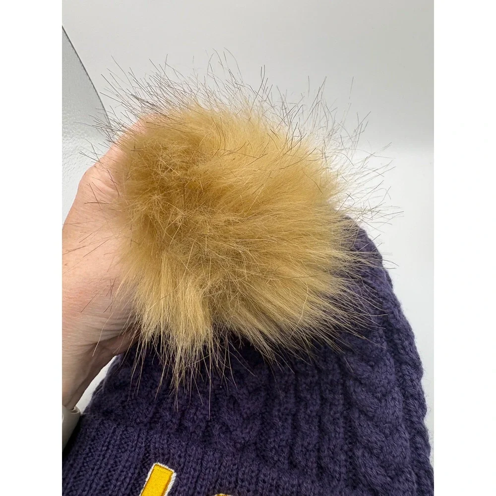 New Era LSU Tigers‎ Purple Cable Knit Beanie Faux Fur Pom Pom Winter Hat Womens